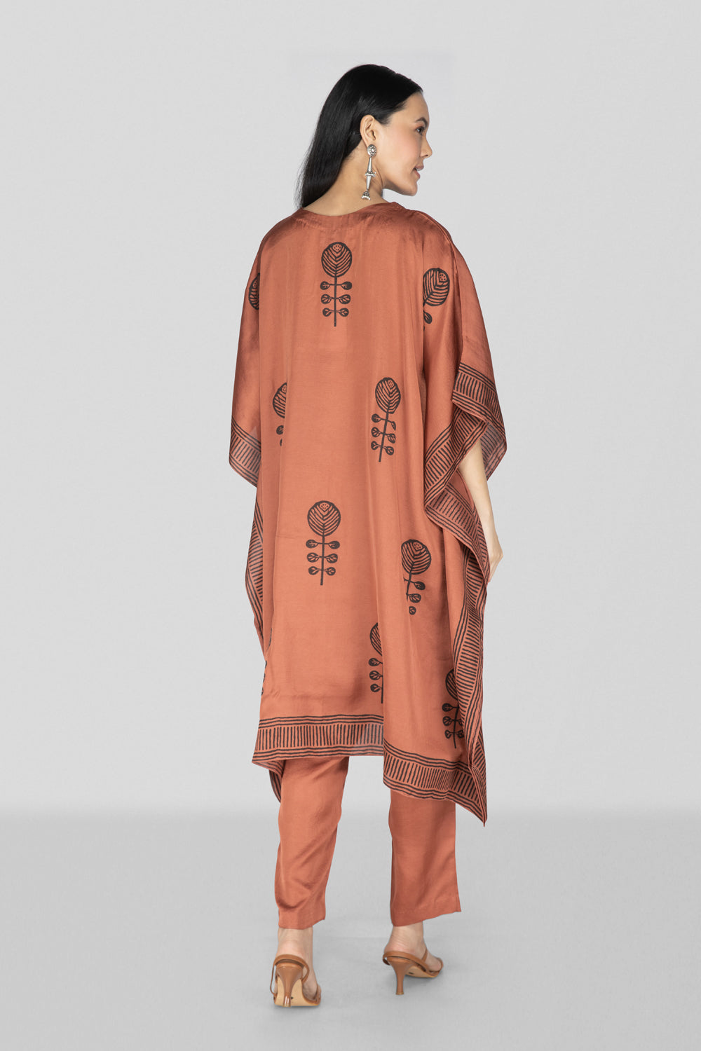 Dark Peach Hand Block Printed Kaftan Set