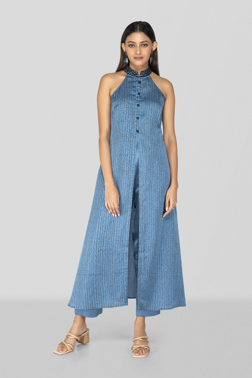 Command Blue Hand Block Printed Halter Neck Co-Ord Set