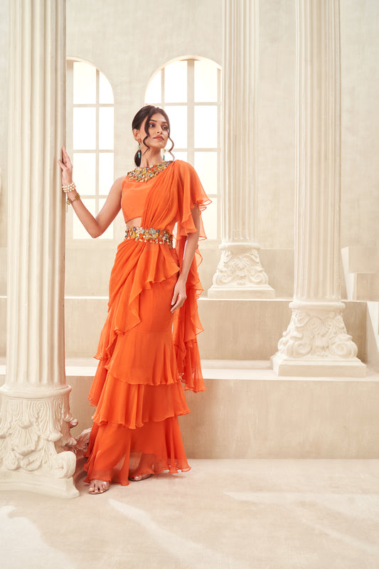 Pre-Draped Saree With Floral Applique Work Blouse
