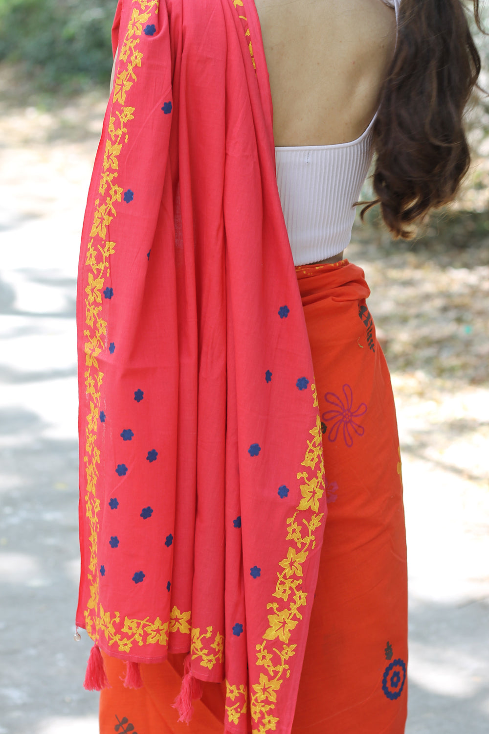Orange Pink Mulmul Cotton Blockprinted Saree