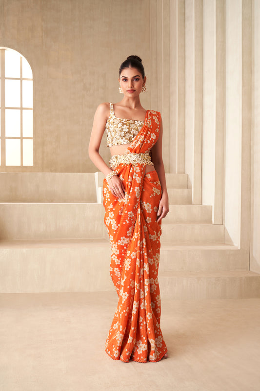 Floral Print Saree With Embroidered Blouse And Belt