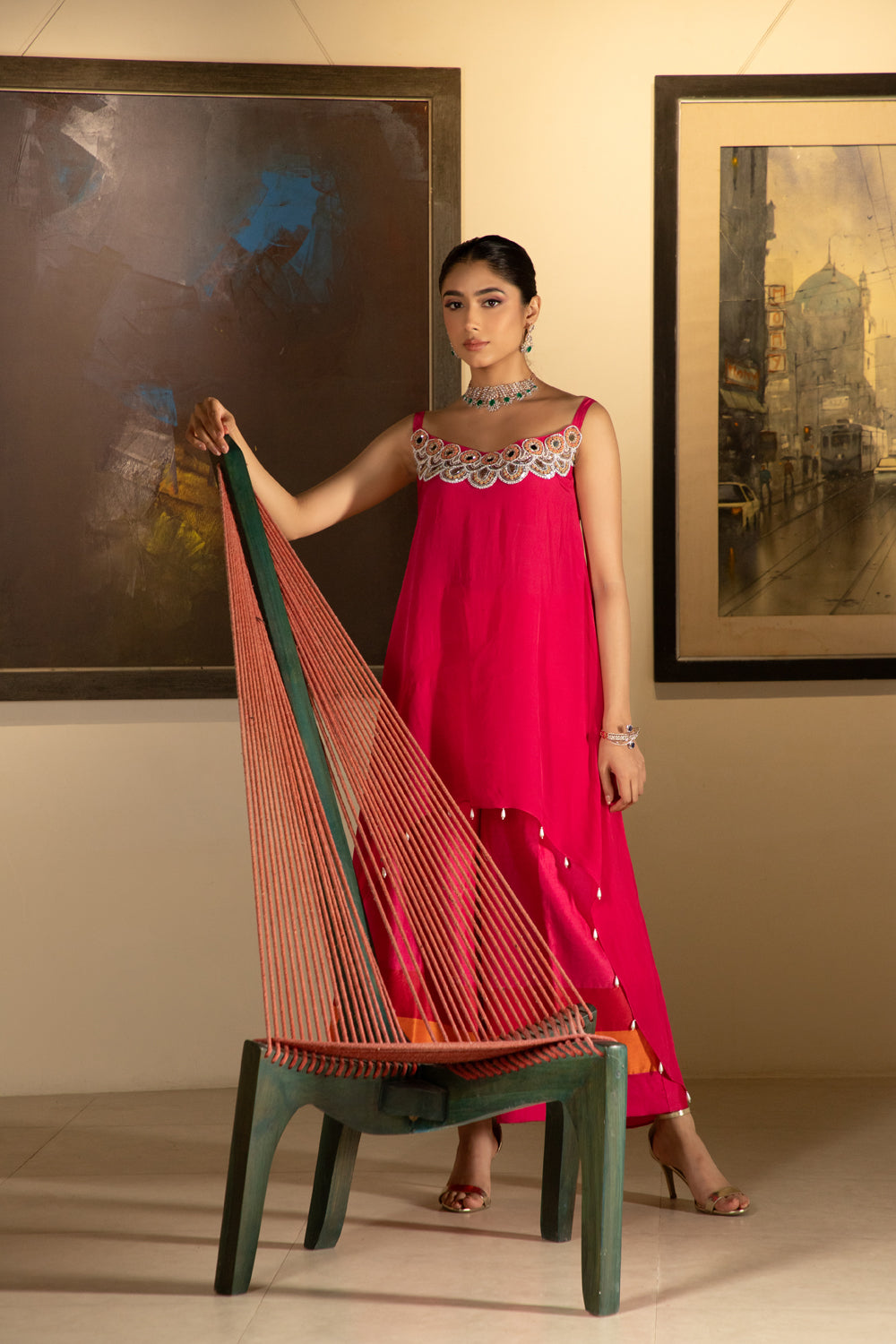 Rani Pink Crepe Mirror & Cutdana Embroidered High-Low Tunic Set