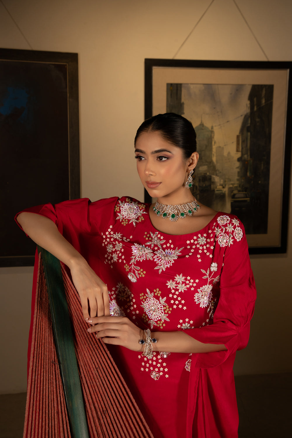 Red Georgette Pearl Hand Embroidered Kaftan Set
