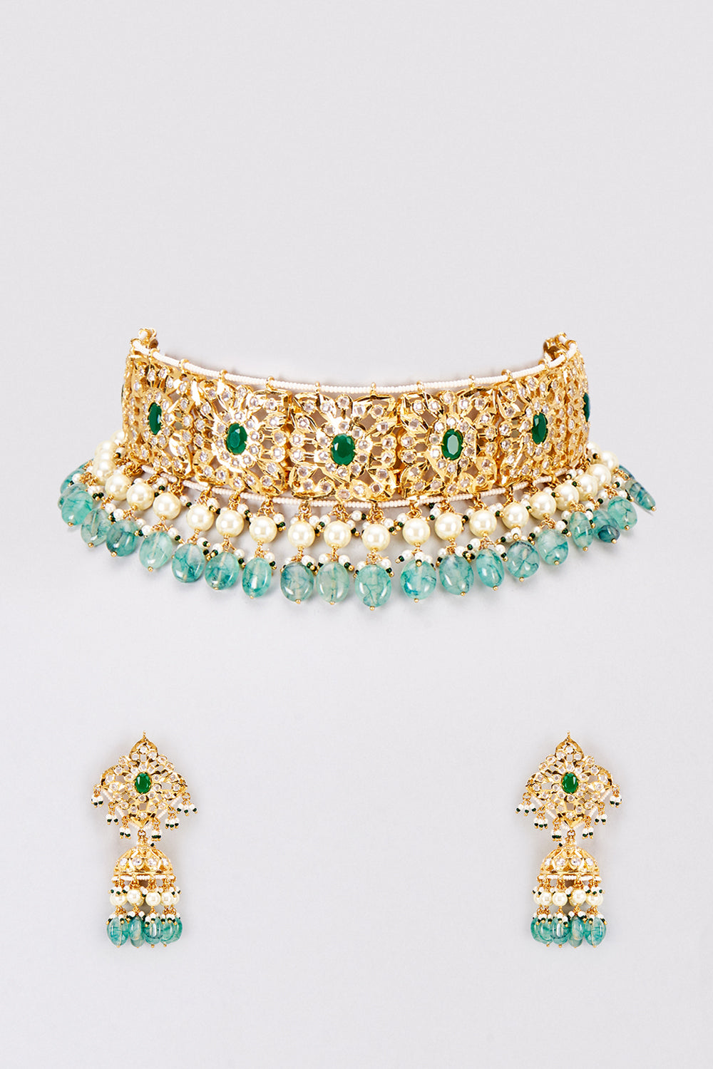 Green Pearled Zohra Choker Set
 22 kt Gold Plated