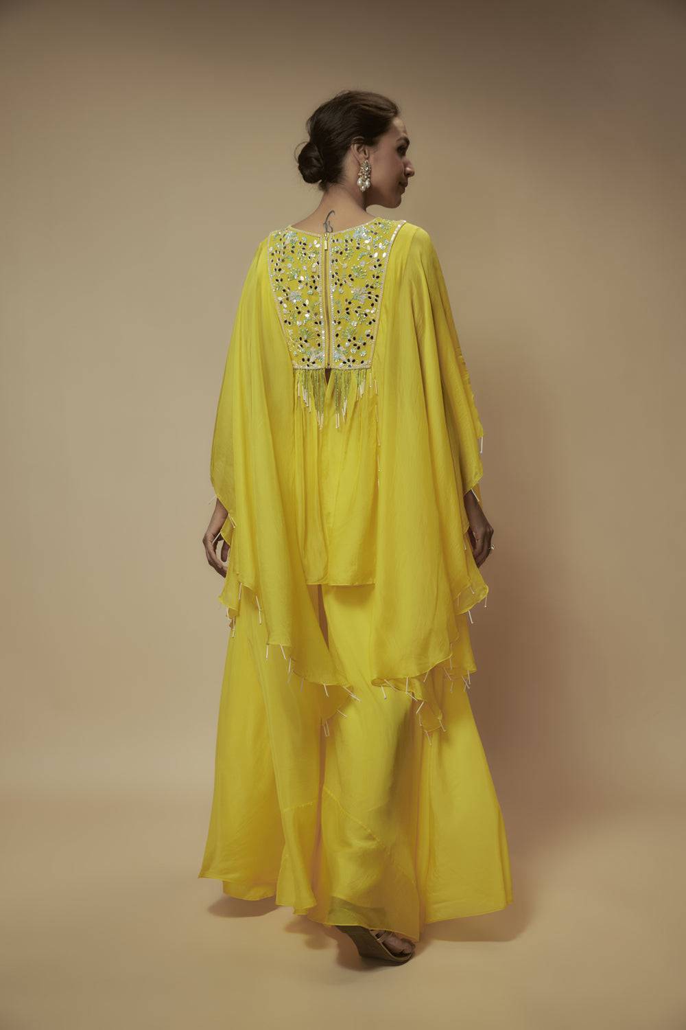Yellow Silk Organza Cutdana Embroidered Tunic Set