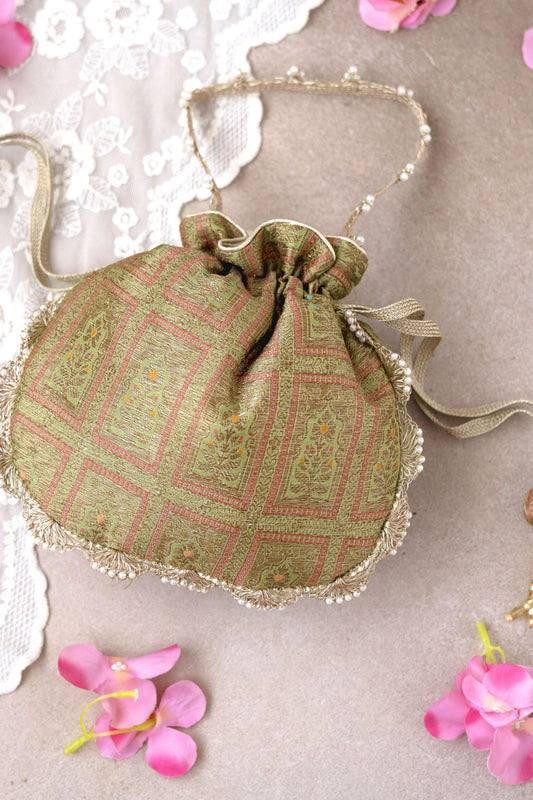 Kashi Green Banarasi Silk Potli