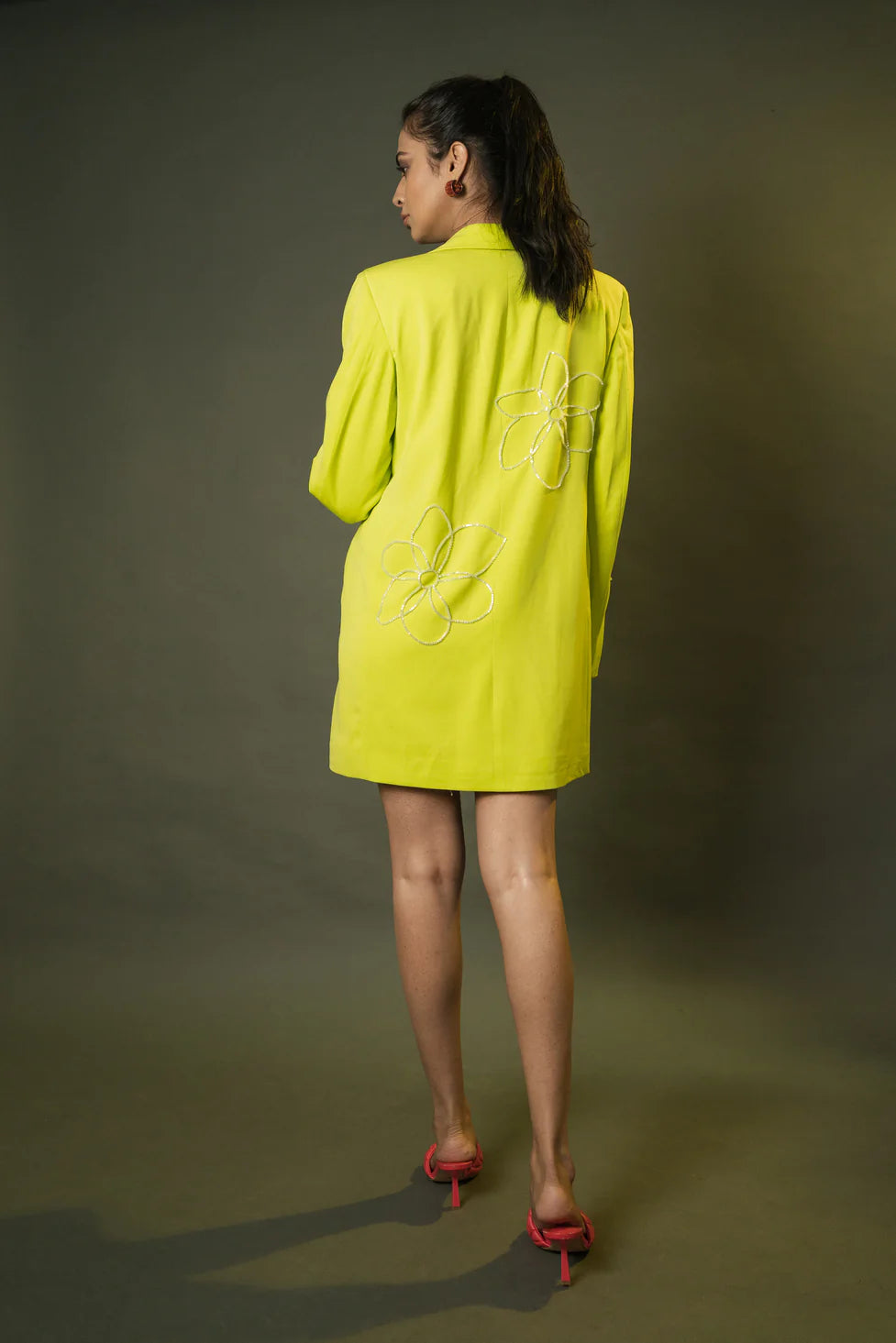 Neon Yellow Blazer Dress With Embellished Crystals