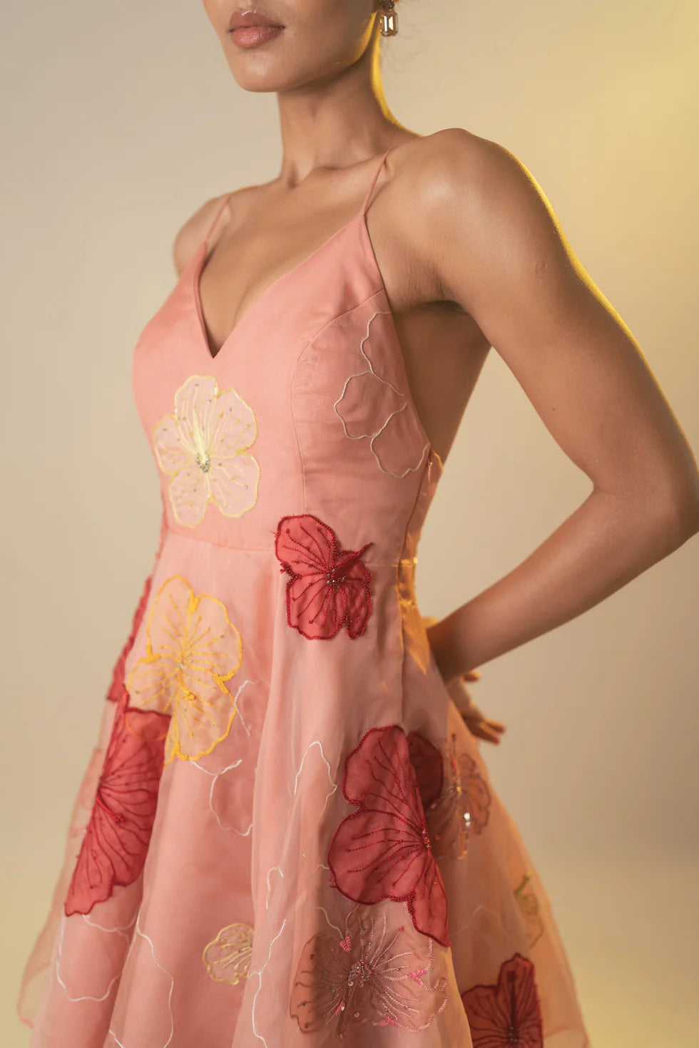Organza Mini Dress With Embroidered Hibiscus Flowers