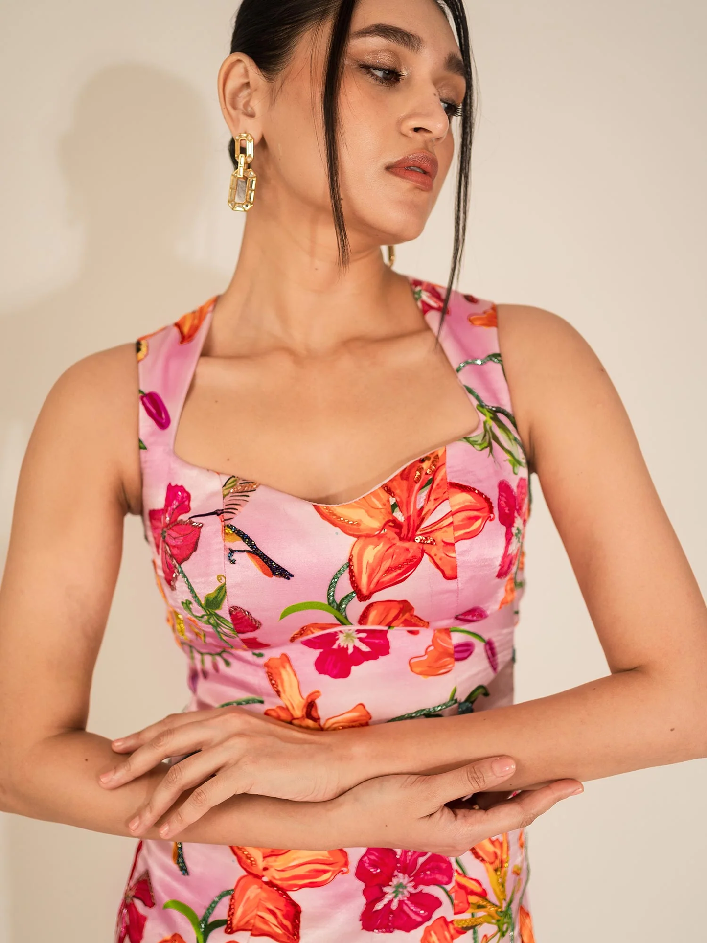 Pink Humming Bird Midi Dress