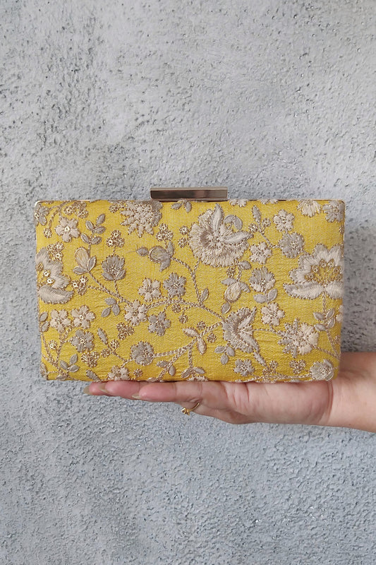 Leya Embroidered Clutch With Sling Yellow