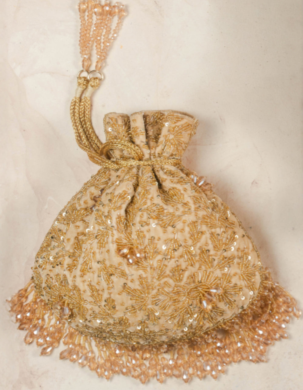 Gold Suede Bead Work Potli Bag