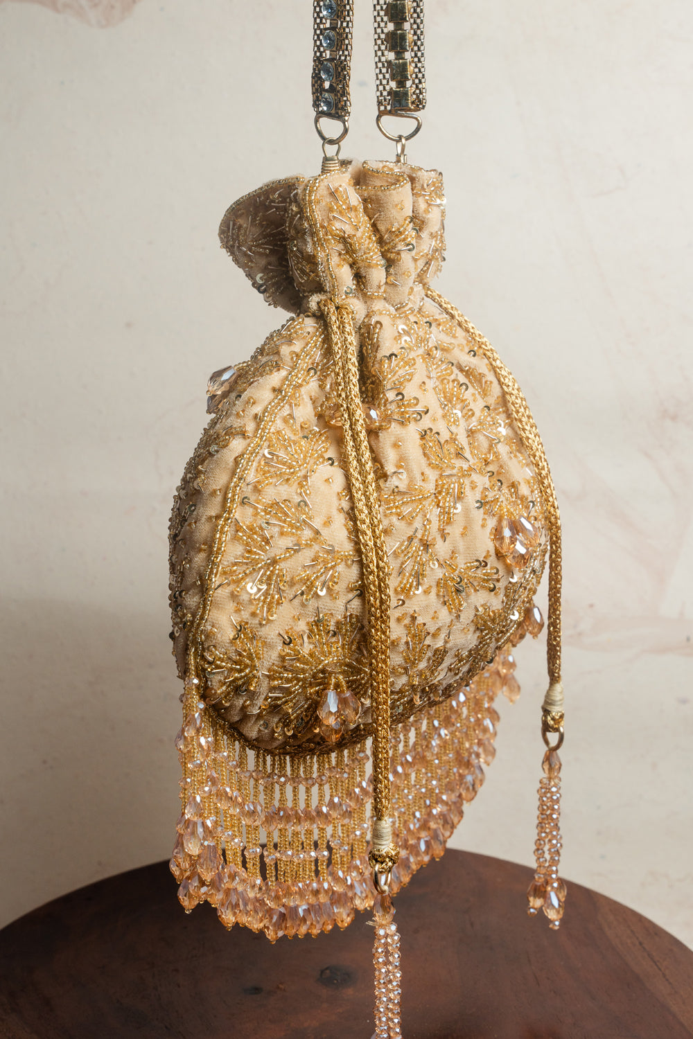 Gold Suede Bead Work Potli Bag