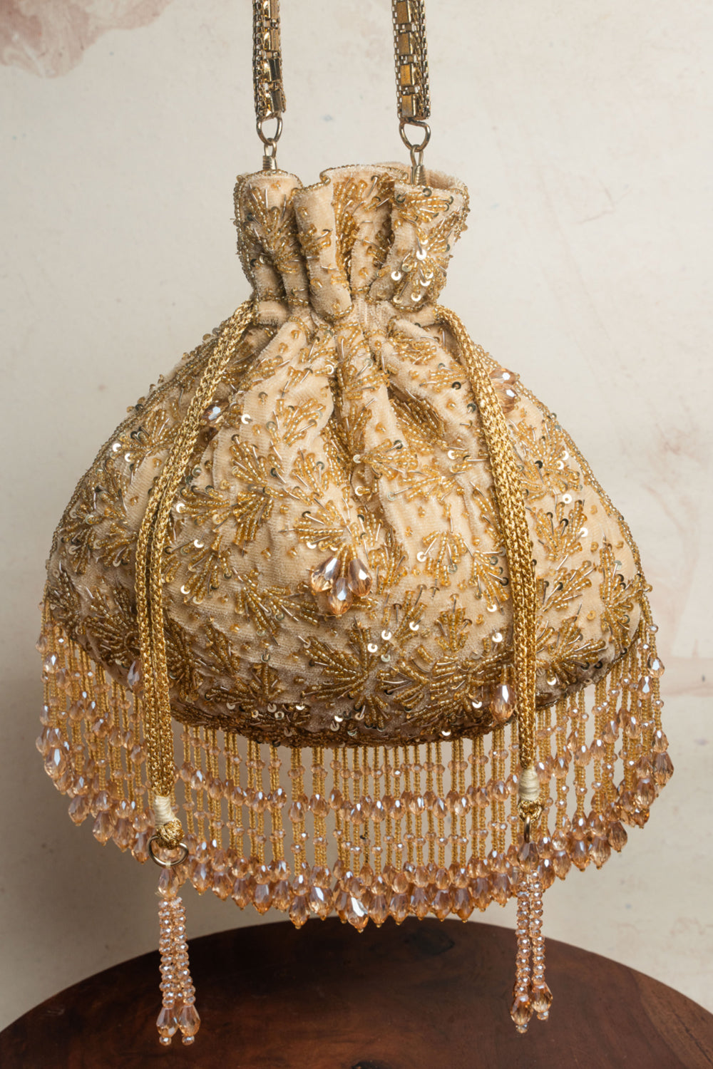 Gold Suede Bead Work Potli Bag