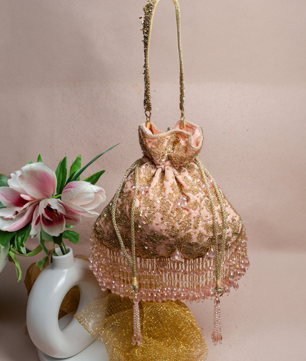 Pink Suede Bead Work Potli Bag