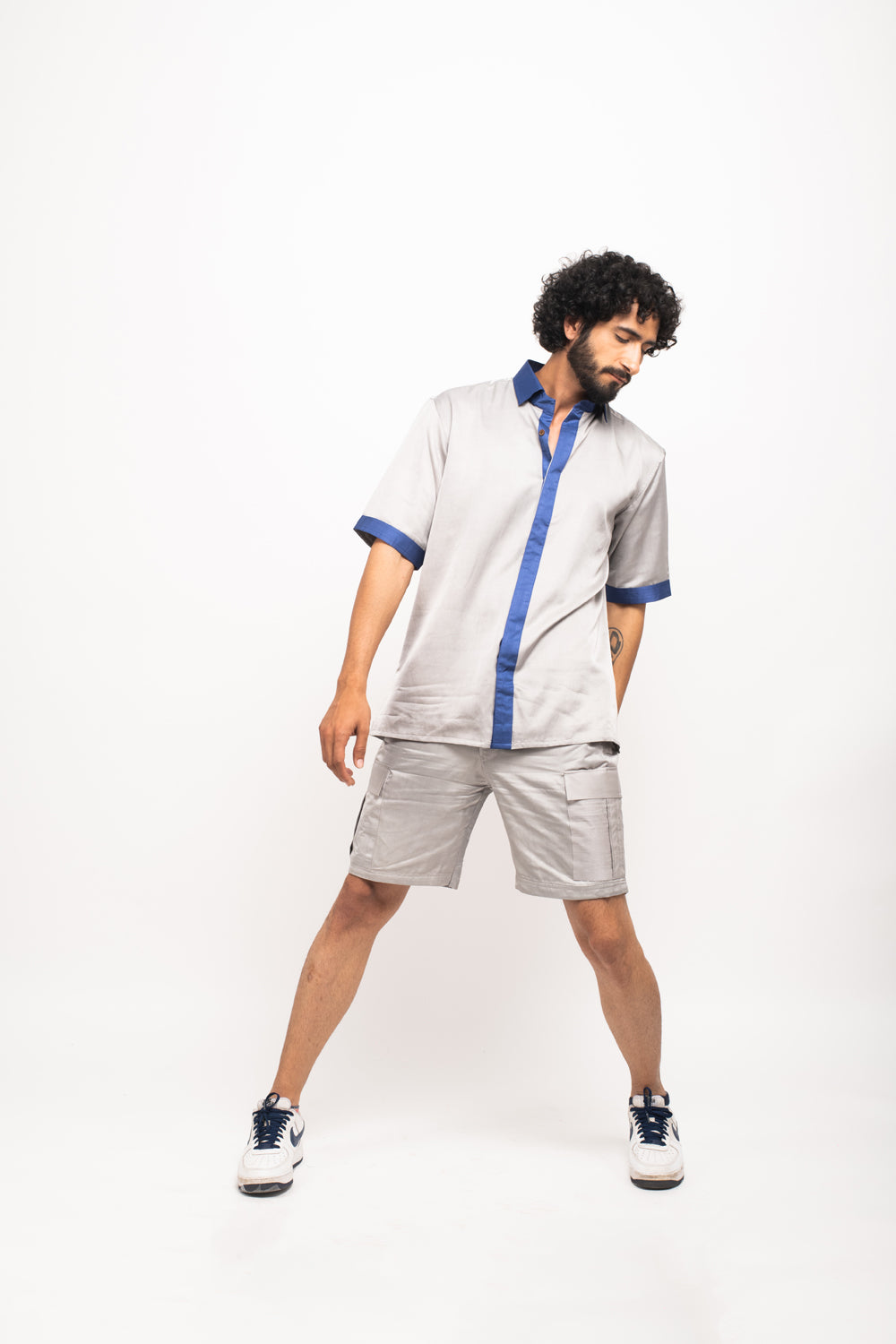 Grey-Blue Collar Colorblocked Shirt