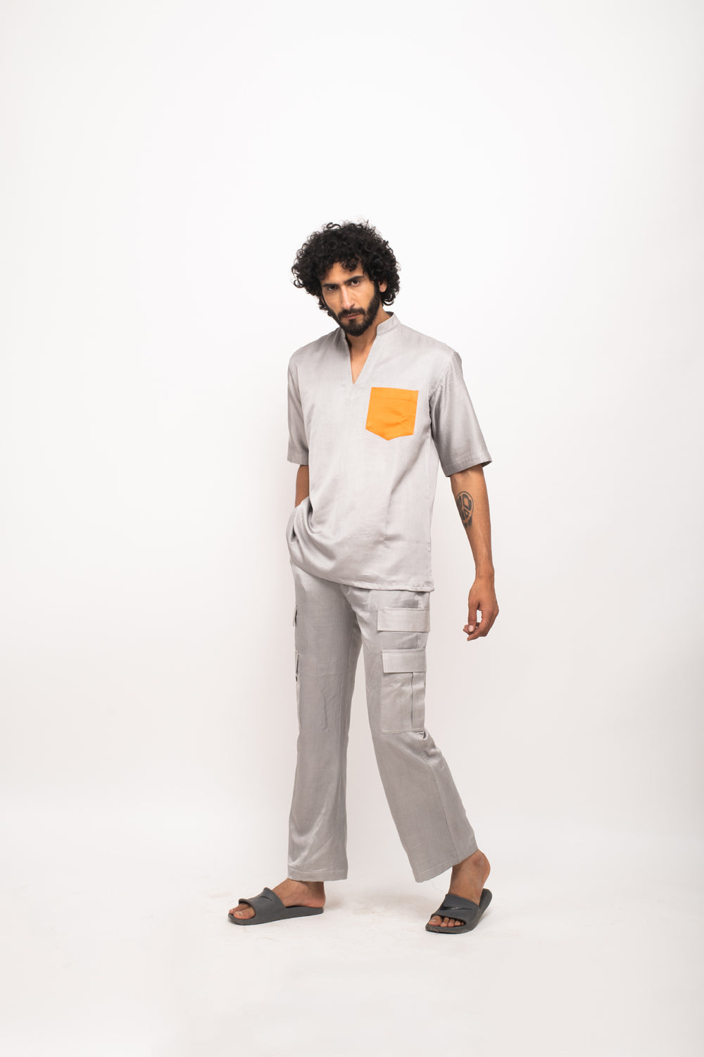 Grey-Orange Pocket Shirt