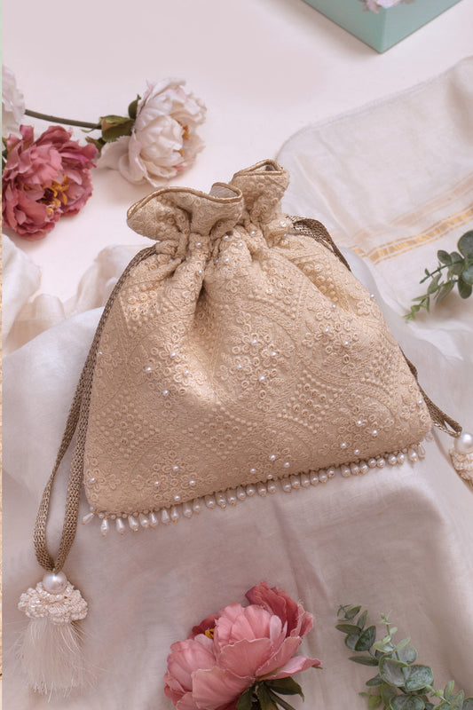 Oyster Beige Pearl Embroidered Silk Potli Bag