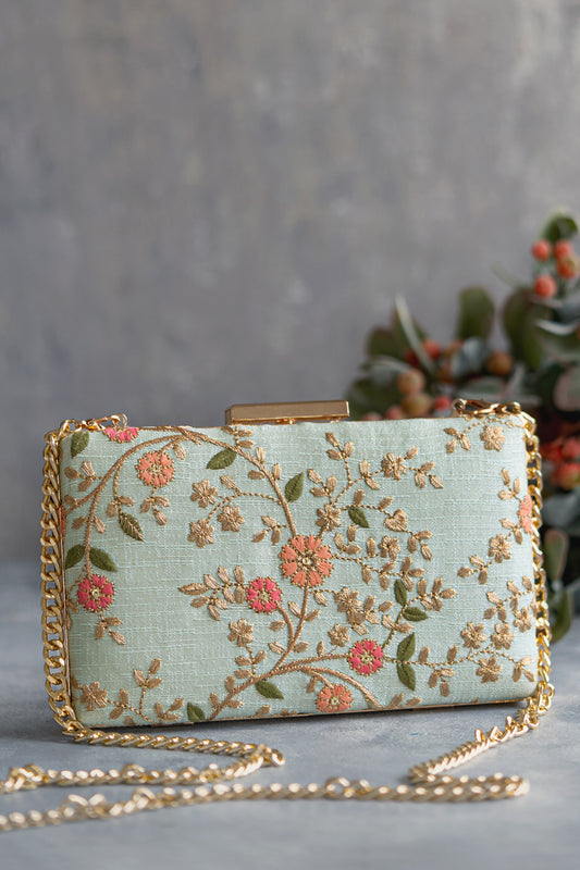 Floral Creeper Box Clutch Mint