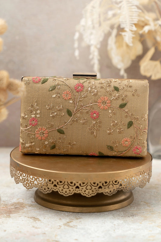 Floral Creeper Box Clutch Gold