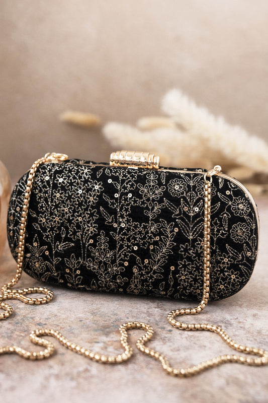 Thea Velvet Embroidered Clutch Black