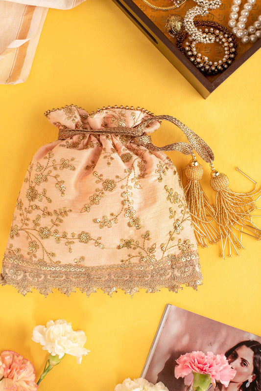 Alia Silk Embroidered Potli Bag Peach