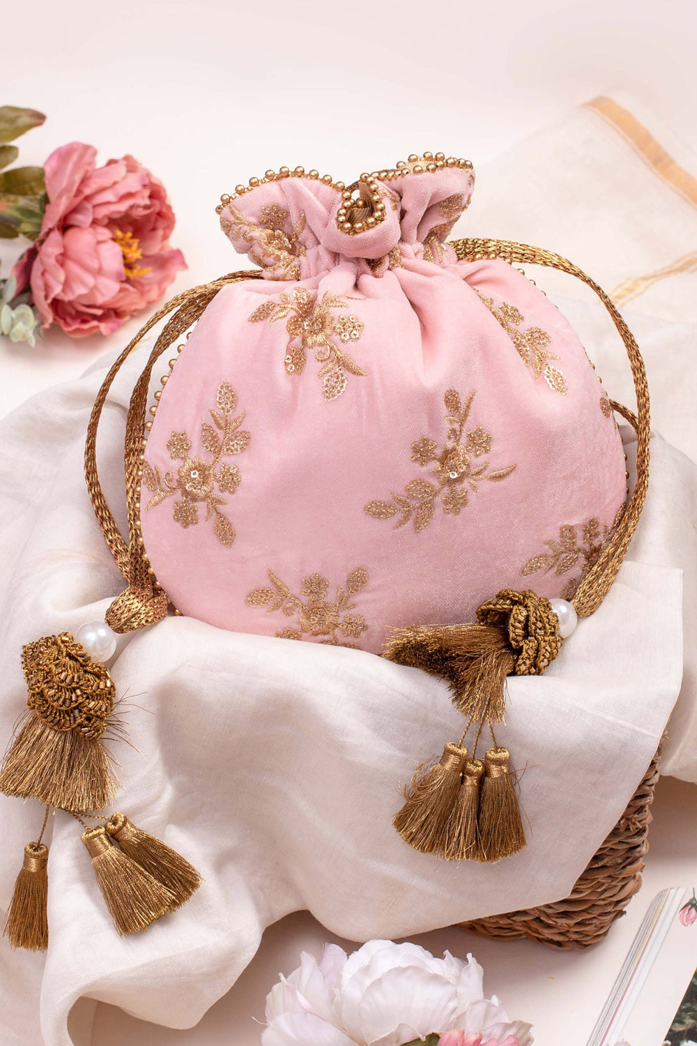 Baby Pink Velvet Embroidered Potli