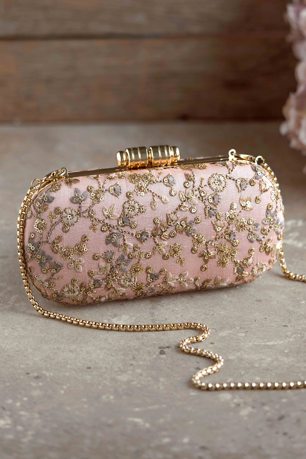 Elan Peach Silk Capsule Clutch