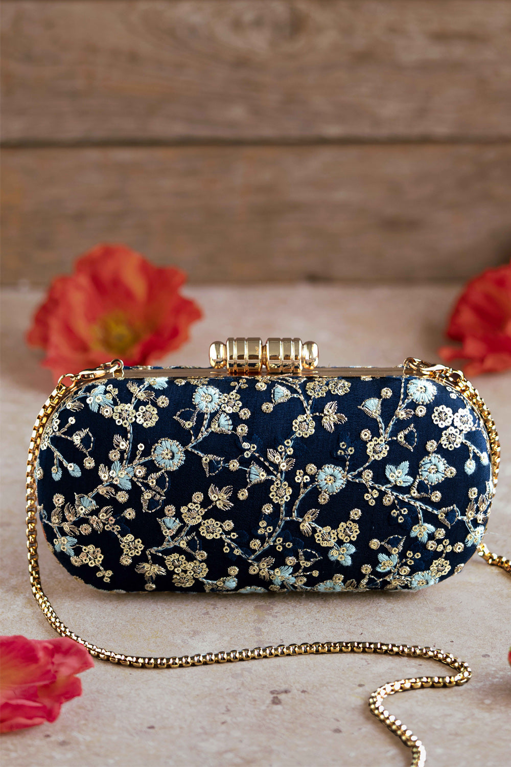 Elan Navy Silk Capsule Clutch