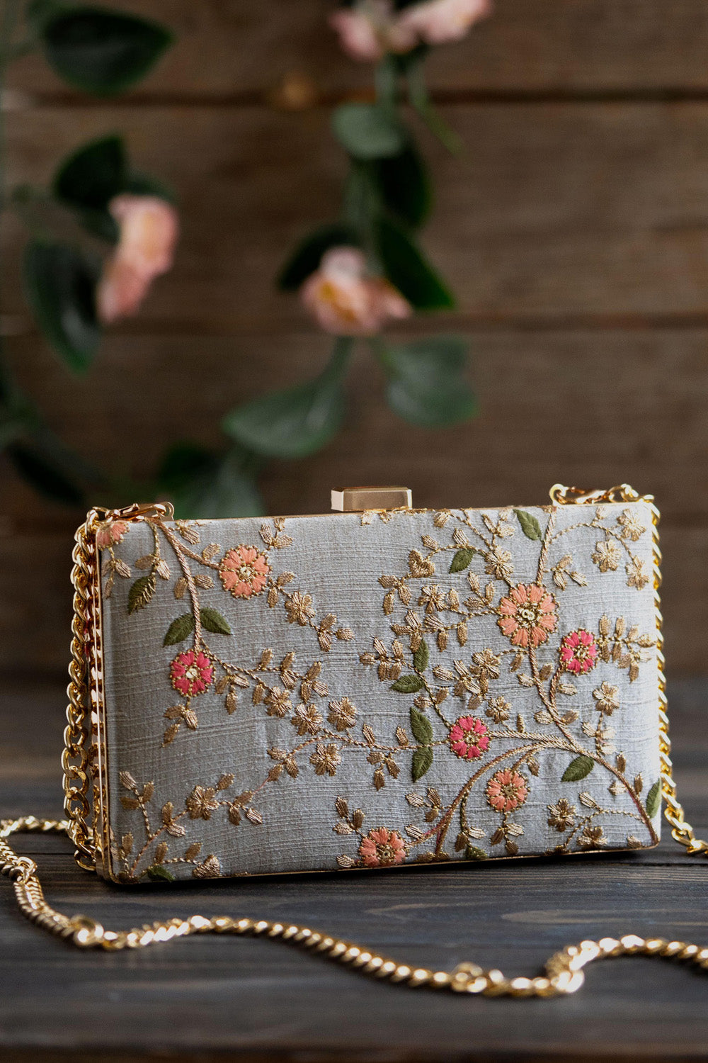 Floral Creeper Box Clutch Grey