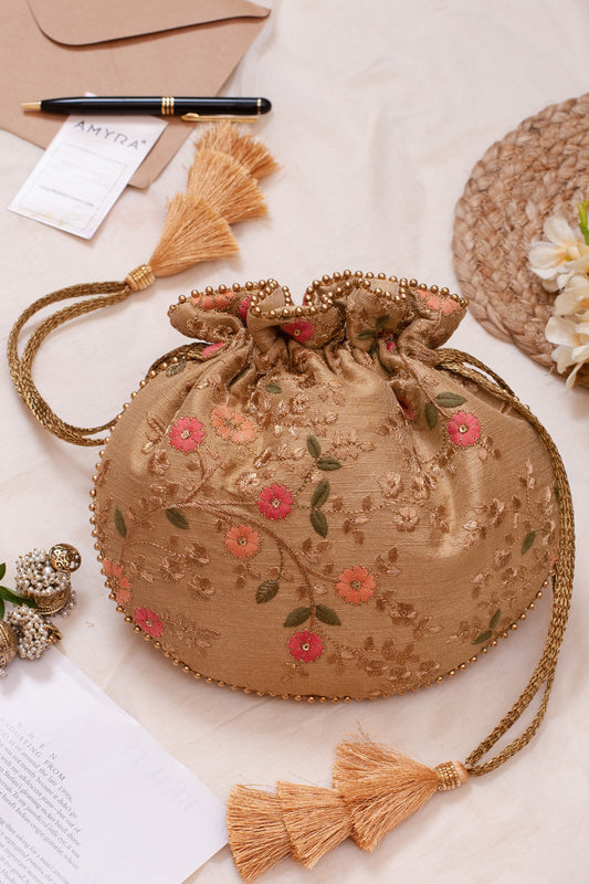 Floral Creeper Gold Potli Bag