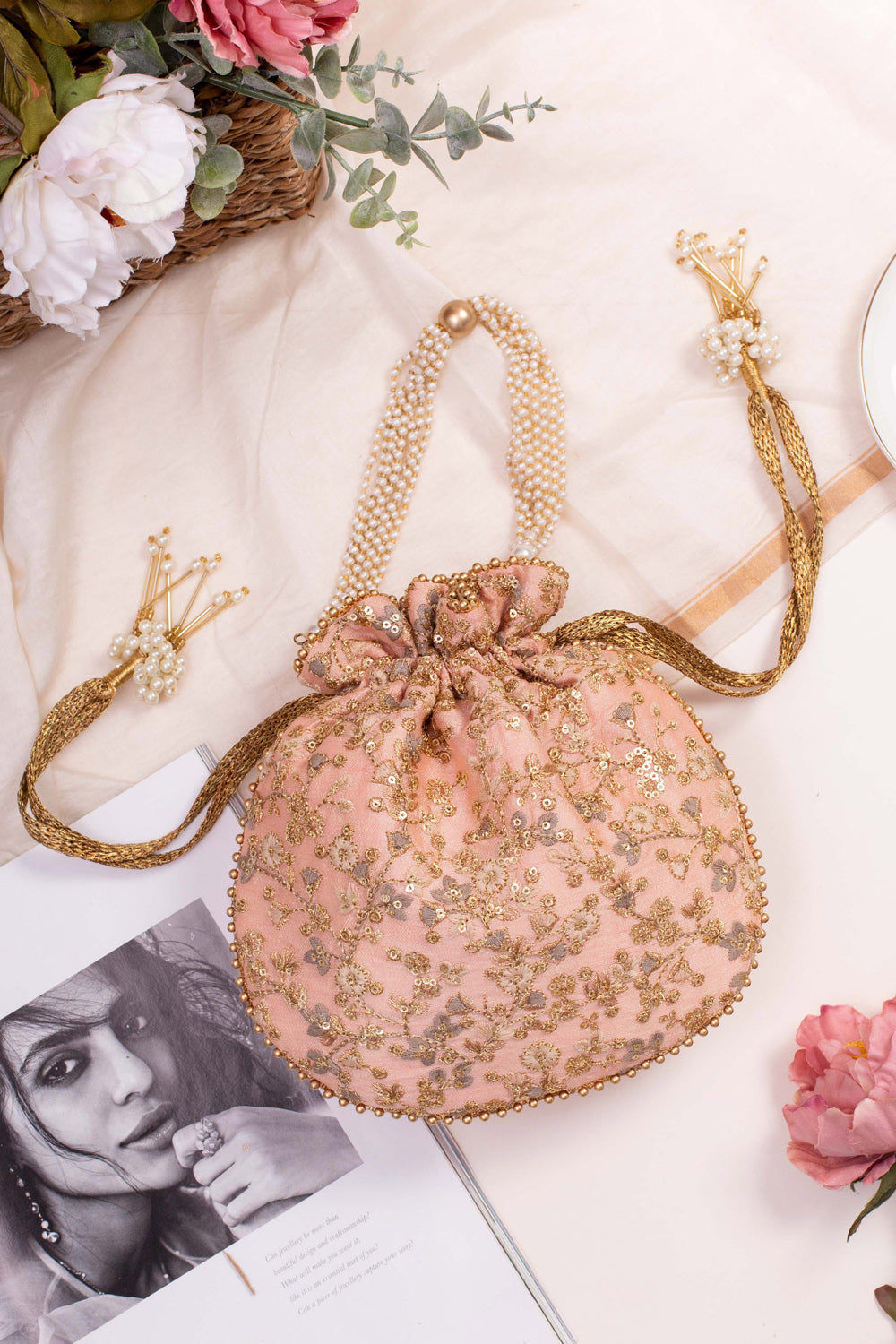 Peach Floral Embroidered Potli Bag