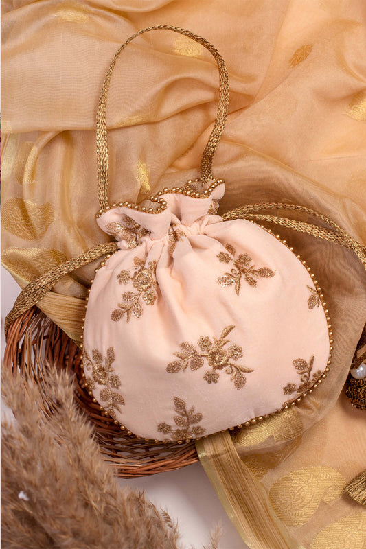 Peach Velvet Embroidered Potli Bag