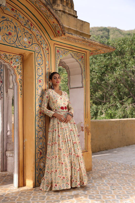 Ivory Embroidered and Printed Anarkali Set
