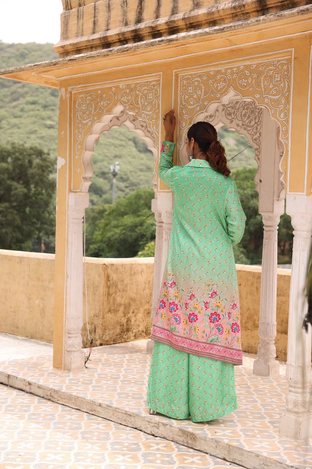 Green Printed And Embroidered Jacket Set