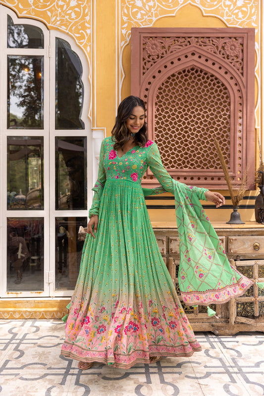 Green Embroidered And Printed Anarkali