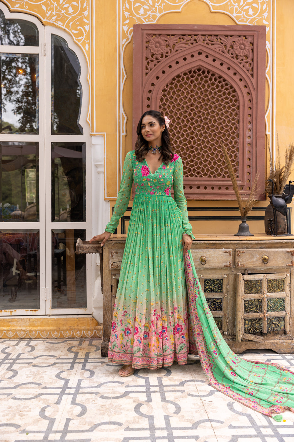 Green Embroidered And Printed Anarkali
