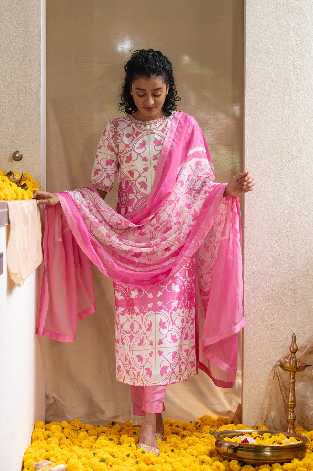 Pink Printed Blossom & Blush Kurta Set