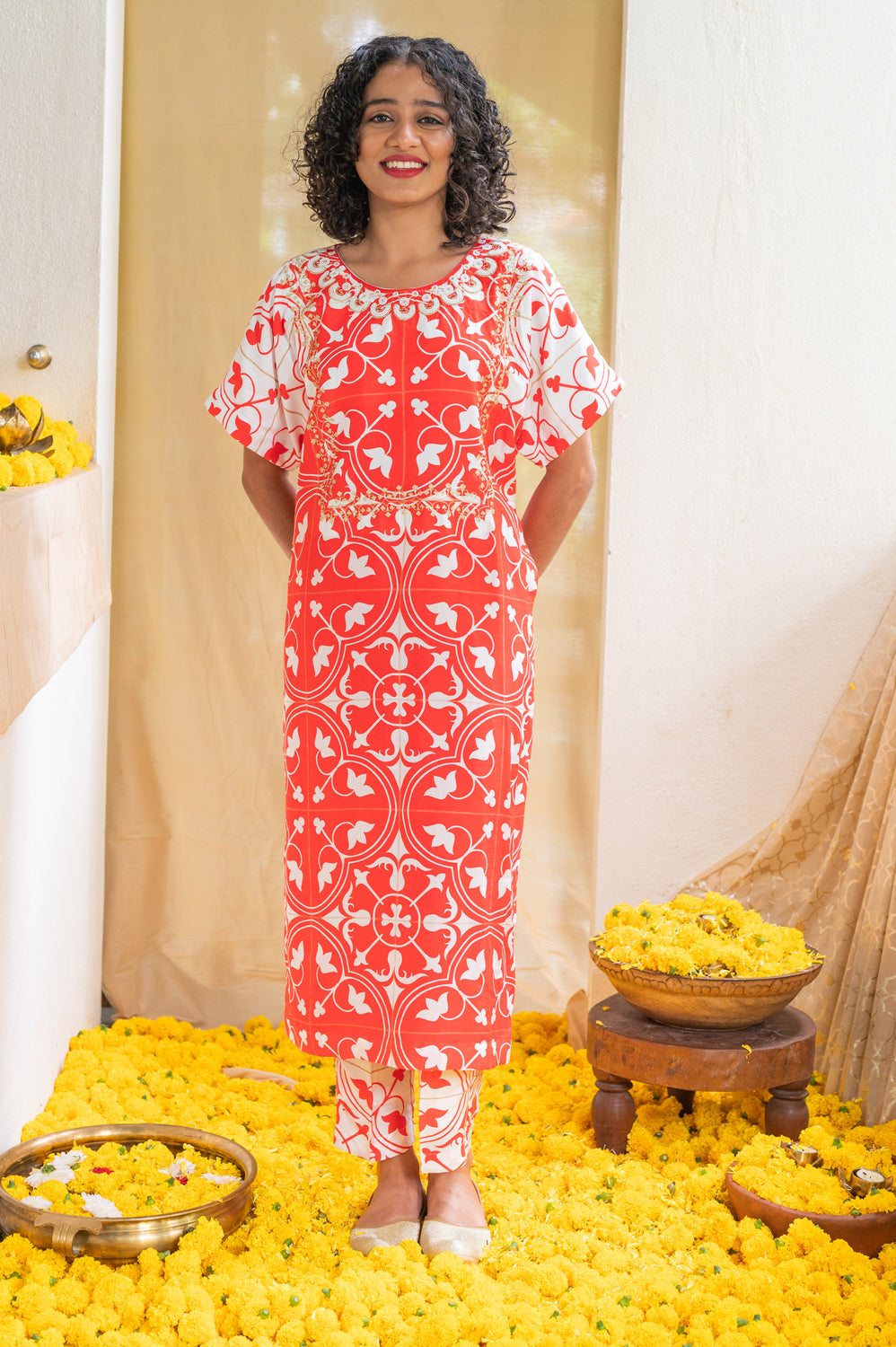 Red Printed Folkloric Kurta Set