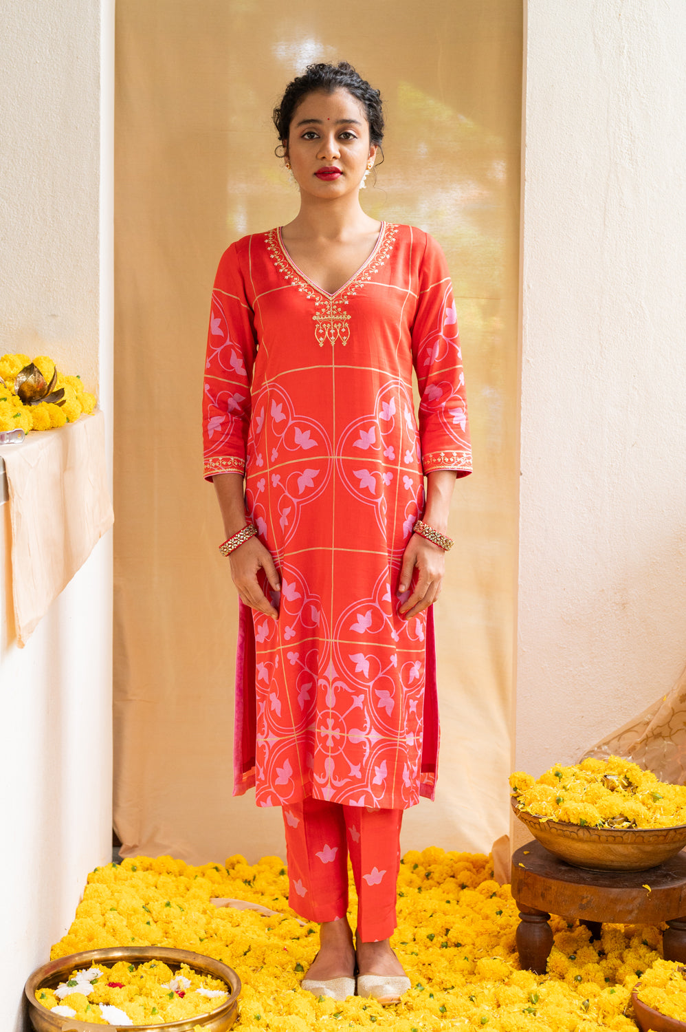 Red Printed Kurta Set