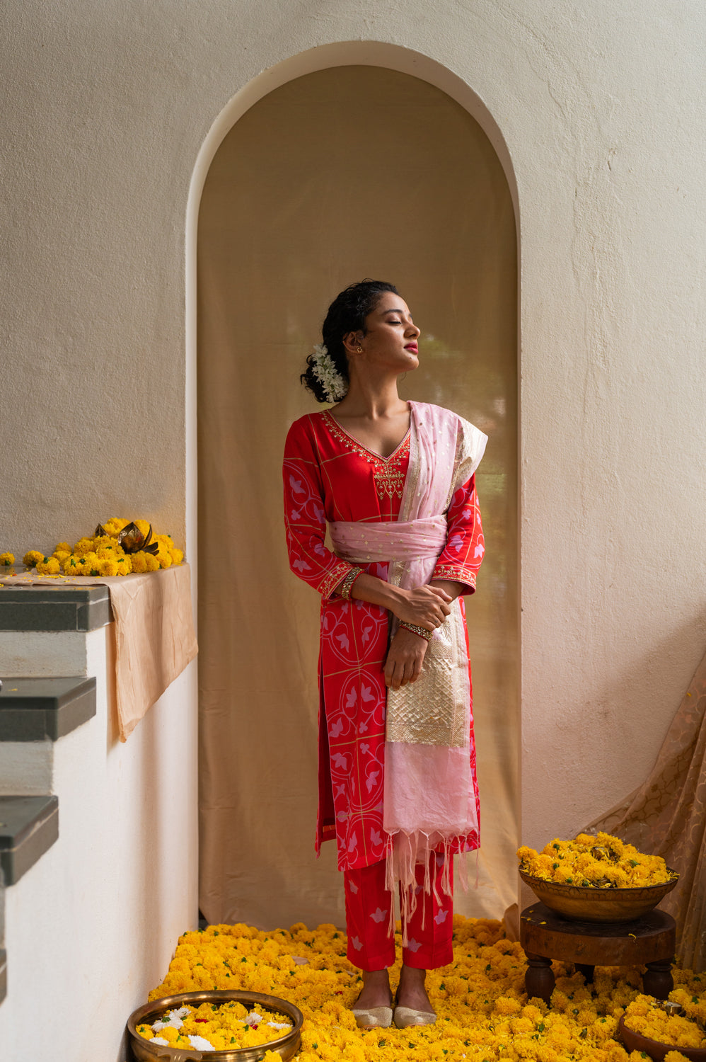 Red Printed Kurta Set