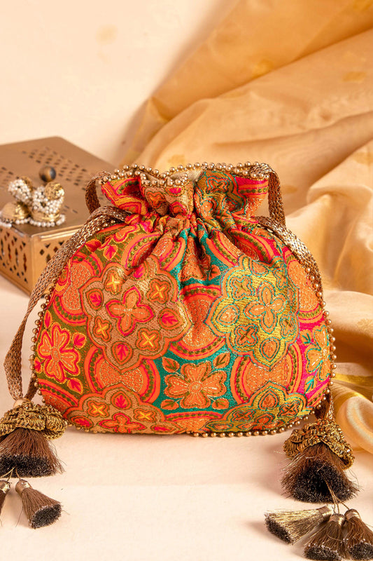 Amna Embroidered Potli Bag Orange