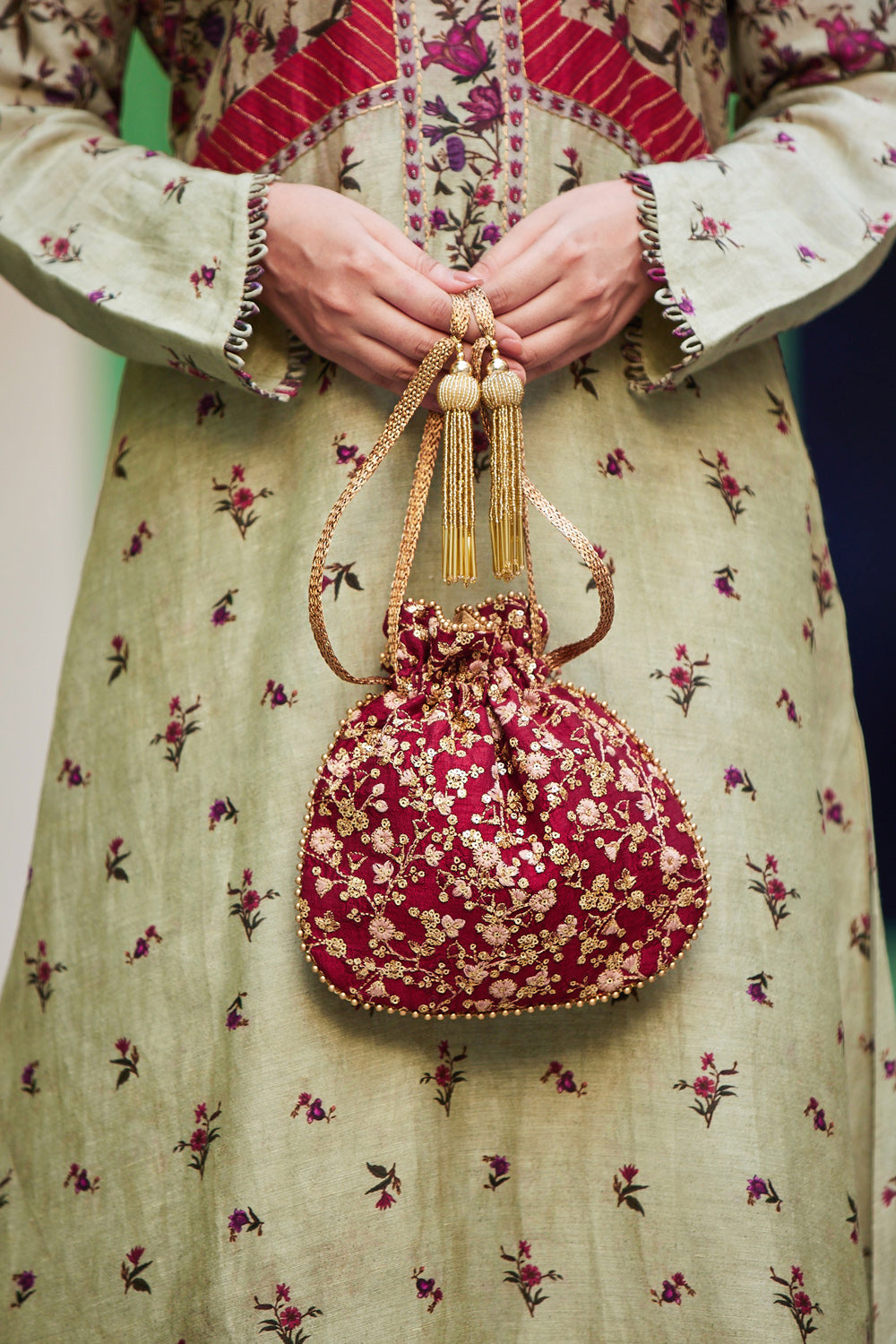 Elan Maroon Silk Potli Bag With Metal Sling