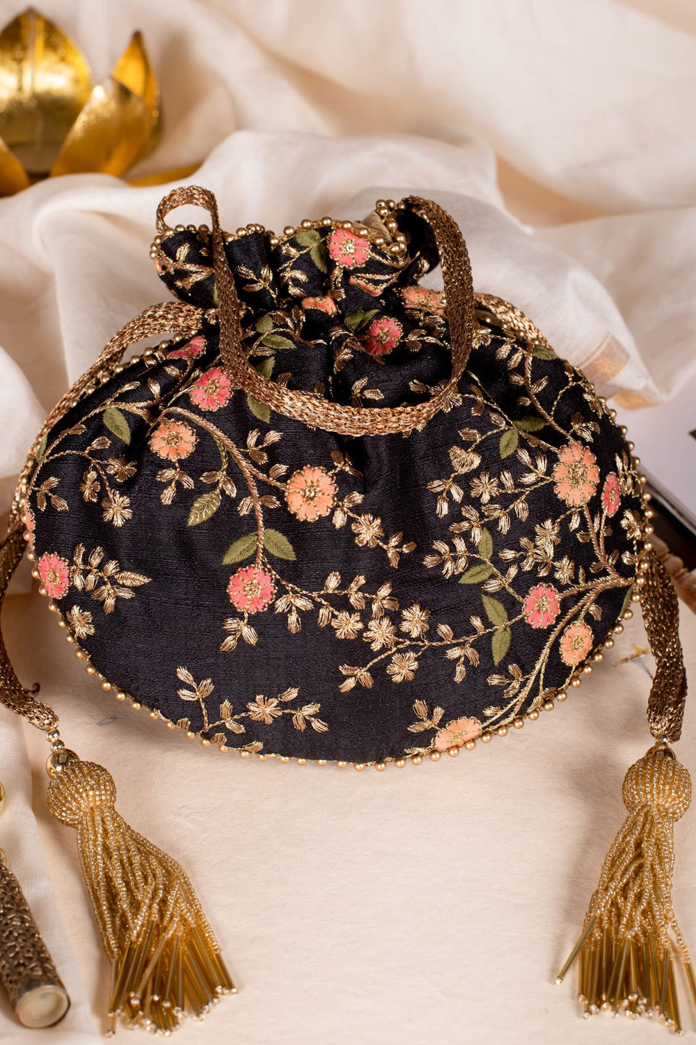 Floral Creeper Black Potli Bag