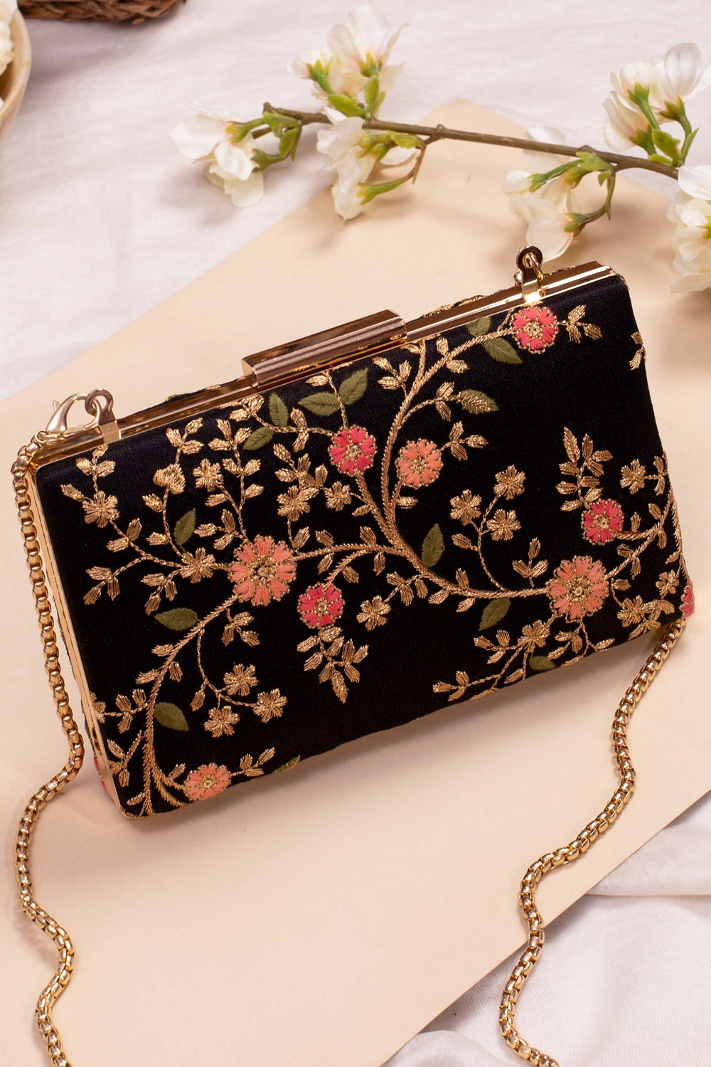 Floral Creeper Box Clutch Black