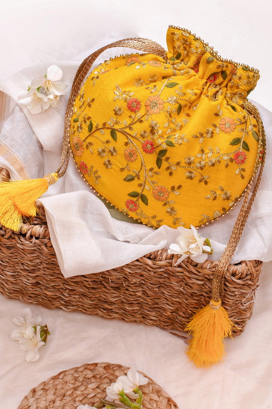 Floral Creeper Potli Bag Yellow