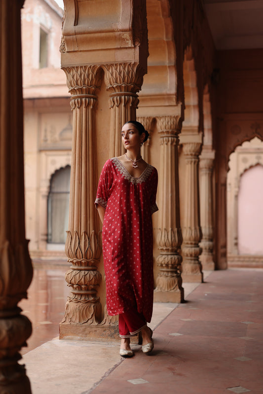 Red Printed And Hand Embroidered Kurta Set