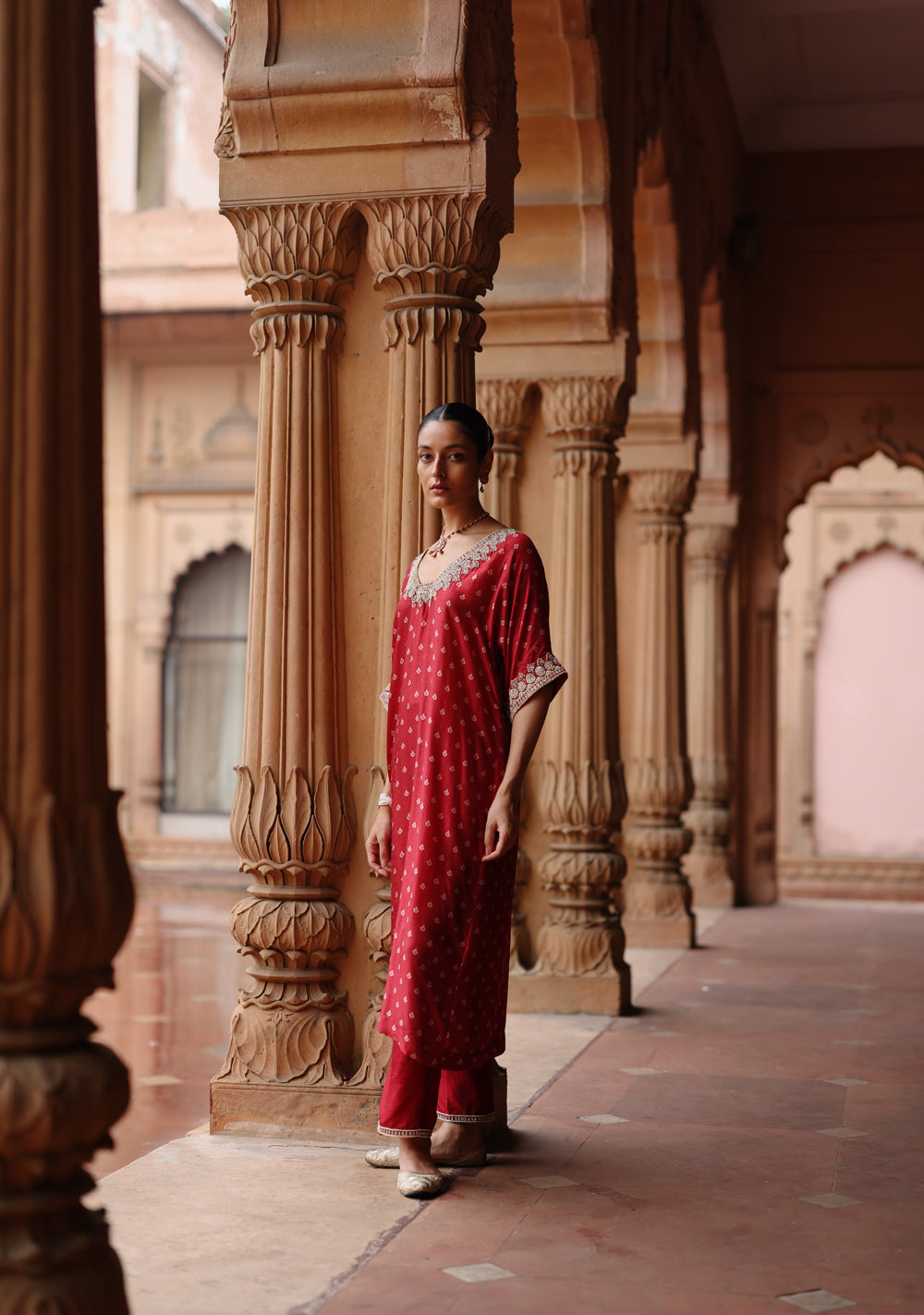 Red Printed And Hand Embroidered Kurta Set