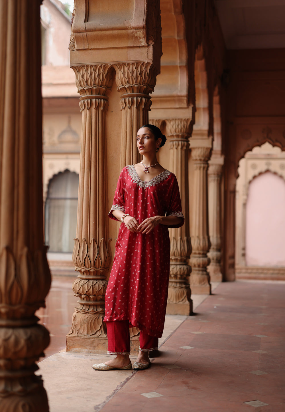 Red Printed And Hand Embroidered Kurta Set