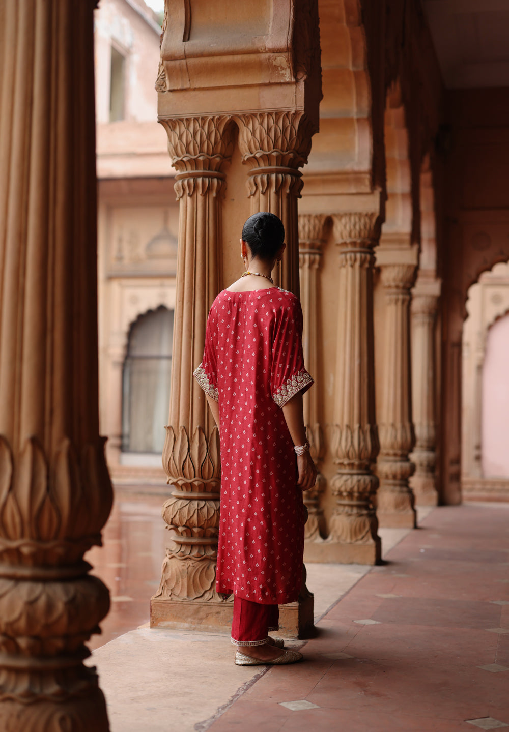 Red Printed And Hand Embroidered Kurta Set