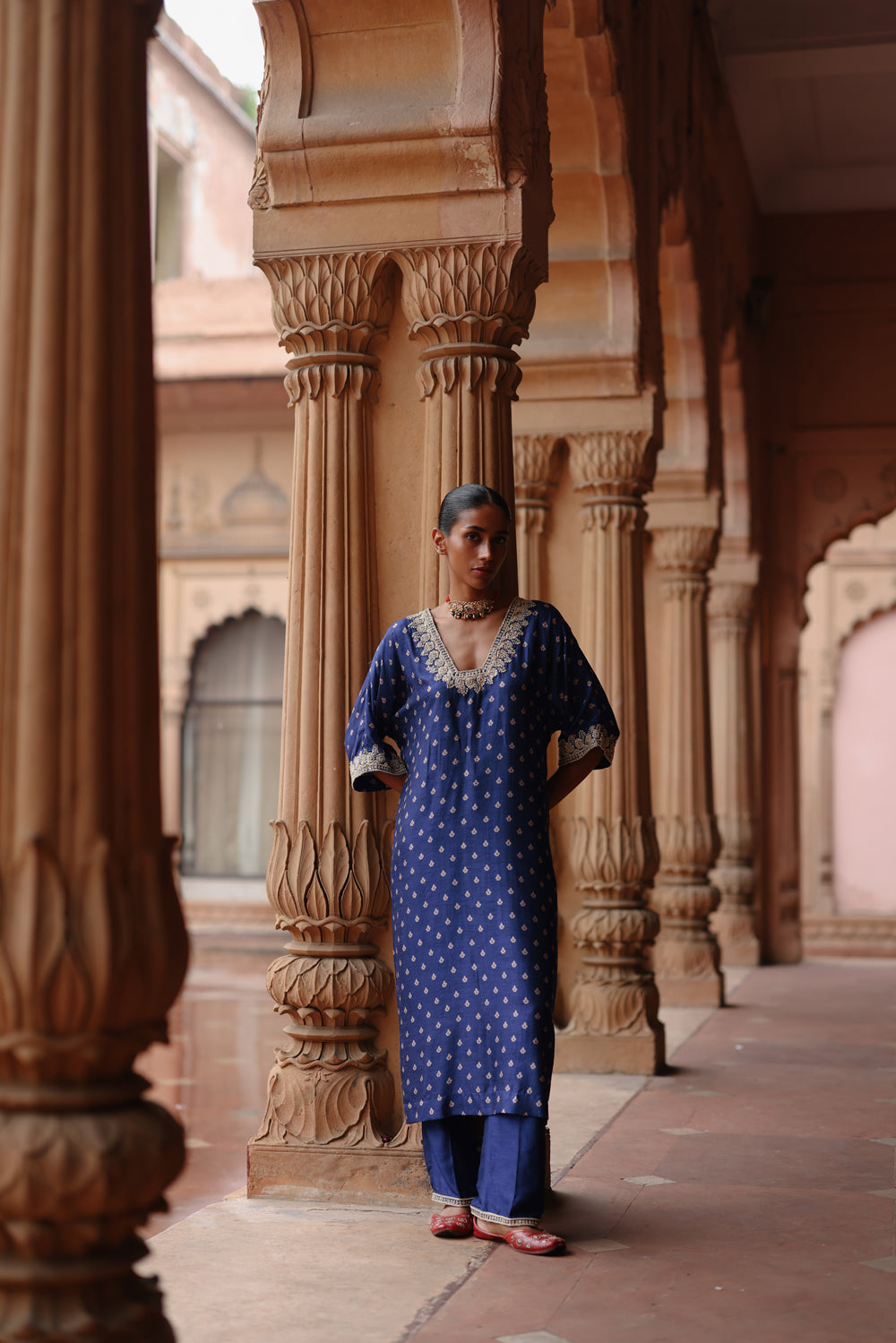 Blue Printed And Hand Embroidered Kurta Set